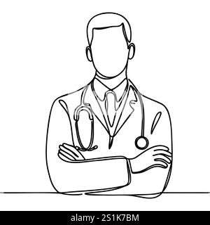 Médecin masculin. Conduite en une seule ligne. Docteur en costume de protection. Illustration de Vecteur