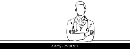 Médecin masculin. Conduite en une seule ligne. Docteur en costume de protection. Illustration de Vecteur