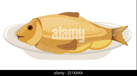 Poisson rôti et citron. illustration de stock. isolé sur fond blanc. Aliments cuisinés maison sur une assiette. Illustration de Vecteur