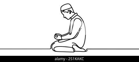 Continu une ligne dessinant un homme musulman priant à Dieu . Hajj et umrah concept. Illustration graphique vectorielle de dessin de ligne unique Illustration de Vecteur