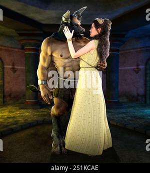 Beauté et la bête, Ariane et le Minotaure dans le légendaire labyrinthe de Minos, rendu 3D. Banque D'Images