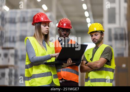 Les employés de l'entrepôt en équipement de sécurité collaborent autour d'un ordinateur portable, garantissant l'exactitude des stocks. Ils se concentrent sur l'efficacité, portant des casques de sécurité et des gilets, et Banque D'Images