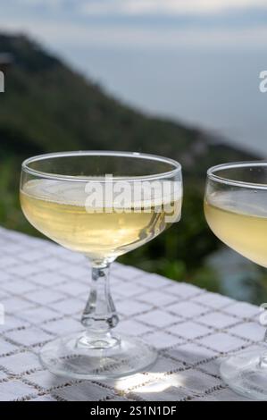Vin mousseux froid, cava ou champagne dans deux verres coupés sur table avec vue sur la mer Banque D'Images