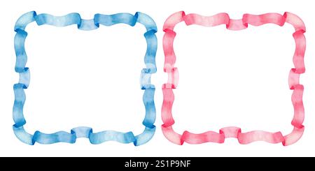Cadre rose bleu de bannière de bordure carrée de ruban vintage. Pour la fête de révélation de genre, baby shower. Illustration d'aquarelle dessinée à la main sur fond blanc Banque D'Images