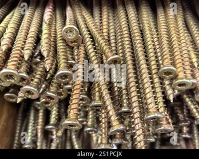 Une vue détaillée de vis en métal rouillé assorties suspendues dans un atelier de quincaillerie, mettant en valeur leurs fils et textures usées. L'environnement est rempli w Banque D'Images