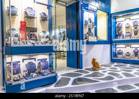 Charmant présentoir de bijoux avec des motifs de collier élégants et un chat décontracté, Mykonos, Grèce Banque D'Images