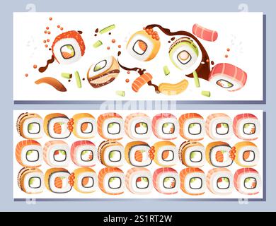 Conception de bannière horizontale. Carte de menu de style publicitaire. Sushi roll japan Street fast food avec poisson, thon saumon et riz avec illustration vectorielle de fromage Illustration de Vecteur