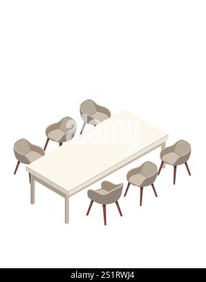 Table isométrique entourée de chaises modernes. Parfait pour le travail d'équipe, les réunions d'entreprise, les séances de brainstorming ou l'espace de travail collaboratif Illustration de Vecteur