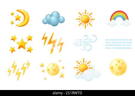 Ensemble d'icônes météo de style 3d de dessin animé. Lumière du soleil, pluie, brouillard, vent, arc-en-ciel et foudre. Collection de style volumétrique moderne. Illustration vectorielle isola Illustration de Vecteur