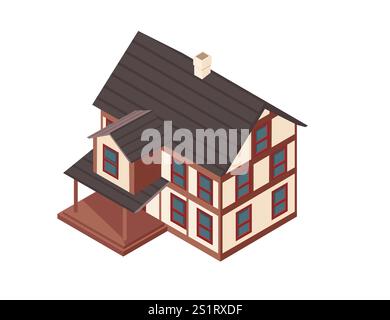 Maison de banlieue isométrique avec toit à pignon noir, cheminée et porches. Parfait pour les concepts résidentiels, les annonces immobilières. Illustration vectorielle isolée Illustration de Vecteur