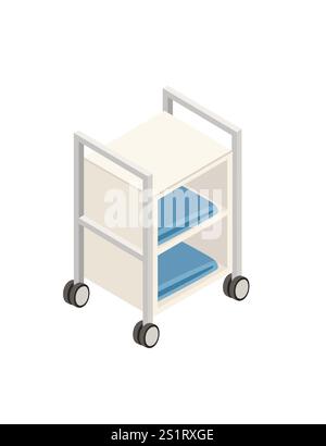 Petite armoire à roulettes isométrique avec deux compartiments de rangement et serviettes pliées. Conçu pour les soins de santé, les spas ou les centres de beauté. Illustration vectorielle Illustration de Vecteur