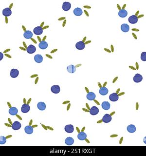 Motif sans couture de bleuets avec des feuilles vertes. Baies crues fraîches mûres. Vitamine sucrée alimentation saine. Style de dessin animé simple, illustration vectorielle plate Illustration de Vecteur