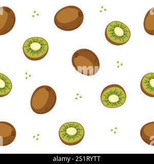 Modèle sans couture de kiwi sur fond blanc. Idéal pour les emballages alimentaires, les designs sur le thème des fruits ou les projets numériques avec une ambiance fraîche. Illustration vectorielle Illustration de Vecteur