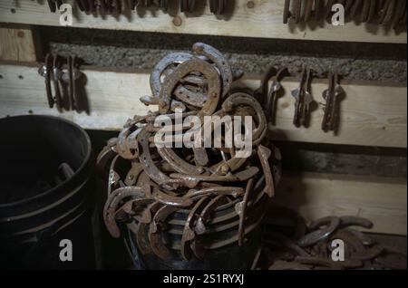 Akureiry, Islande. 15 juillet 2023. Plusieurs fers à cheval sont vus groupés dans un conteneur à l'entrée d'une écurie dans un centre islandais d'élevage et d'entraînement de chevaux situé près du village d'Akureiry en Islande. Le cheval islandais représente une race distinctive originaire d'Islande, connue pour son endurance et sa polyvalence. De taille petite à moyenne, elles sont robustes et conformes aux longs manes. Bien adaptés aux conditions climatiques difficiles de leur pays natal, ils sont célèbres pour leurs deux cornemuses uniques, le «tÃ¶LT» et le «flokk», qui les distinguent des autres races. Th Banque D'Images