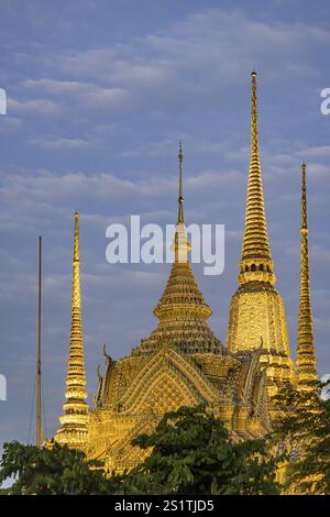 Temple Wat Pho au coucher du soleil. Le plus ancien monastère bouddhiste de Bangkok près du Grand Palais. Quatre chedis sont parmi les plus précieux de Bangkok. Bangkok, Thai Banque D'Images