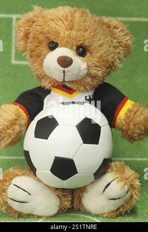 Ours en peluche dans un maillot de football sur un fond vert Banque D'Images