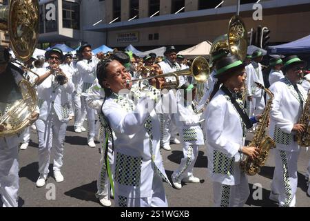 Cape Town, Afrique du Sud. 4 janvier 2025. Les artistes participent au Carnaval annuel de Cape Town Minstrel au Cap, Afrique du Sud, le 4 janvier 2025. Environ 20 000 artistes de 18 troupes de minstrel ont participé au carnaval de cette année. Crédit : Fred Barker/Xinhua/Alamy Live News Banque D'Images