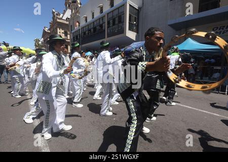 Cape Town, Afrique du Sud. 4 janvier 2025. Les artistes participent au Carnaval annuel de Cape Town Minstrel au Cap, Afrique du Sud, le 4 janvier 2025. Environ 20 000 artistes de 18 troupes de minstrel ont participé au carnaval de cette année. Crédit : Fred Barker/Xinhua/Alamy Live News Banque D'Images