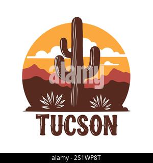 Saguaro Cactus avec Tucson Skyline Illustration de Vecteur