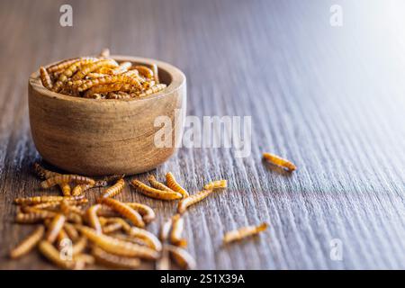 Vers salés séchés. Vers de farine rôtis dans un bol sur une table en bois. Banque D'Images