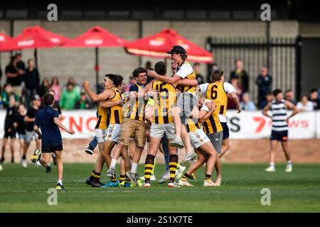 LAVINGTON, NOUVELLE-GALLES DU SUD, AUSTRALIE. 22 SEPTEMBRE 2024. Les fans de Wangaratta Football courent sur le terrain et embrassent le joueur après que Wangaratta ait vaincu Yarrawonga Banque D'Images