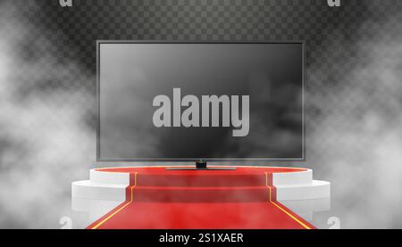 Podium ou piédestal lumineux avec chemin rouge et téléviseur plasma. TV écran plat lcd, plasma, maquette de télévision. Moniteur HD noir. illustration vectorielle 3d réaliste Illustration de Vecteur