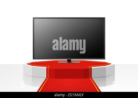 Podium ou piédestal lumineux avec chemin rouge et téléviseur plasma. TV écran plat lcd, plasma, maquette de télévision. Moniteur HD noir. illustration vectorielle 3d réaliste Illustration de Vecteur