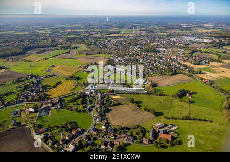 Luftbild, Wohngebiet und Ortsansicht Bork mit Fernsicht und Kraftwerk Lünen, Gewächshäuser Blumen Ahland, Kleine Strolche Selm e.V. Kindergarten, Feue Banque D'Images