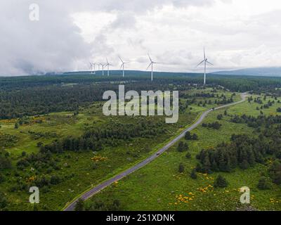 Vue aérienne d'une rangée d'éoliennes générant de l'énergie verte par temps nuageux, avec une voiture roulant sur une route à travers une forêt à travers l'agropastorale Banque D'Images