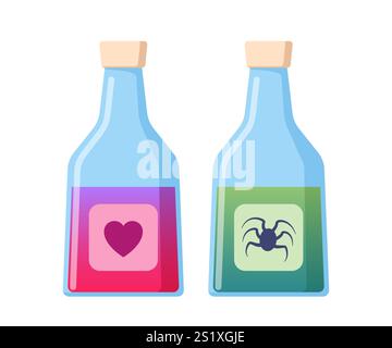Flacons avec potions. Bouteilles magiques pour sorcellerie, élixir, potion d'amour poison et antidote. Vecteur Illustration de Vecteur