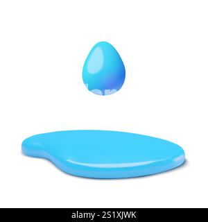 Goutte d'eau 3D et déversement. Flaque bleue avec liquide qui s'écoule. Eléments de conception vectorielle tridimensionnelle. Illustration de Vecteur