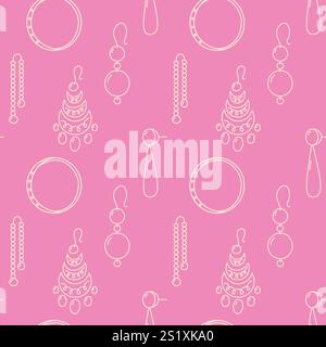 Bijou doodle modèle sans couture avec boucles d'oreilles de ligne blanche sur fond rose. Illustration de Vecteur