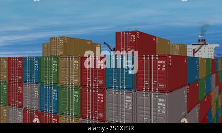 Le transport de marchandises importe des conteneurs d'exportation sur un navire. Concept d'affaires de transport et d'expédition avec un commerce international. Illustration de la vue drone 3D. Banque D'Images