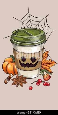 Boisson chaude d'automne dans une tasse avec de la crème, des citrouilles et des feuilles de forêt clipart. Illustration vectorielle. Boisson saisonnière d'automne. Mignon carte de voeux, carte postale desi Illustration de Vecteur