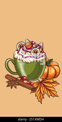 Boisson chaude d'automne dans une tasse avec de la crème, des citrouilles et des feuilles de forêt clipart. Illustration vectorielle. Boisson saisonnière d'automne. Mignon carte de voeux, carte postale desi Illustration de Vecteur