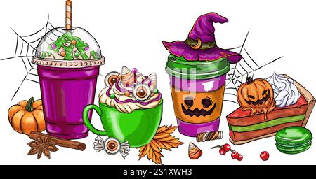 Conception de bannière horizontale vectorielle de vecteur de nourriture et de boissons aromatisée à la citrouille. Automne saisonnier illustration de dessin animé café, éléments de menu de boulangerie : tarte à la citrouille s Illustration de Vecteur