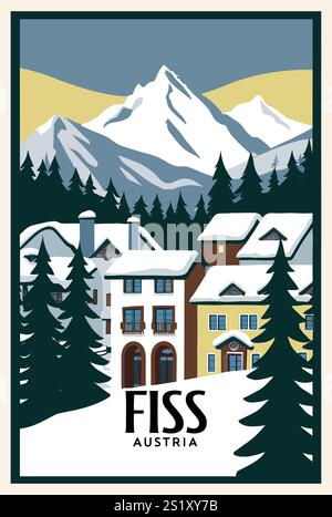 Fiss, Autriche affiche de voyage de ski dans un style rétro. Illustration de Vecteur