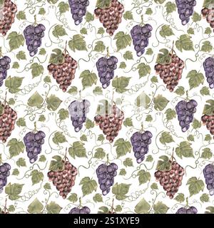 Aquarelle motif sans couture de raisins dessinés à la main, plante de raisins rouges et feuilles répétition de motif illustration Banque D'Images