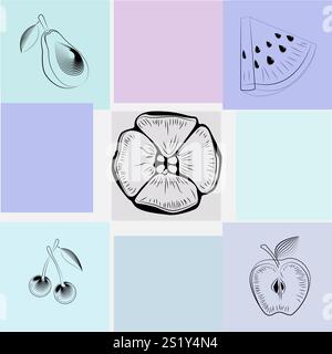 Composition des fruits sur carrés multicolores. Illustration de Vecteur