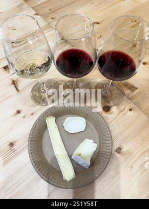 Set de table pour dégustation de vin avec trois types de fromage, Provence, France Banque D'Images