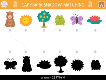 Activité d'appariement de l'ombre Capibara. Casse-tête de reconnaissance de formes de symboles capybara. Trouvez la feuille de travail ou le jeu imprimable de silhouette correcte. Page de correspondance pour k Illustration de Vecteur