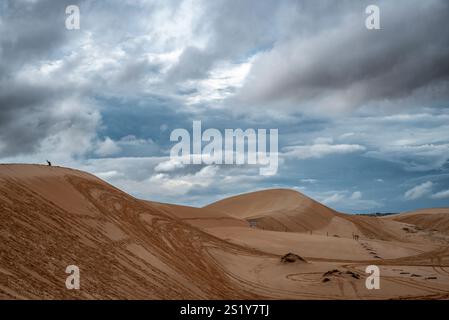 Un paysage désertique avec un ciel nuageux. Le ciel est principalement nuageux avec quelques taches de bleu. Il y a des dunes de sable en arrière-plan et quelques personnes le sont Banque D'Images