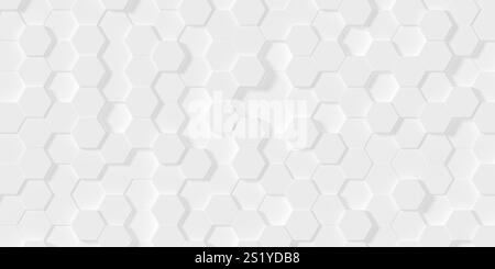 Moderne minimal blanc décalé aléatoirement biseauté biseauté hexagonal motif géométrique fond plat de plan vue de dessus, illustration 3D. Banque D'Images