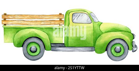 Camion vert aquarelle isolé sur fond blanc. Vieille voiture américaine. Camion de récolte peint à la main. Pick-up de style rétro. Rustique auto Banque D'Images