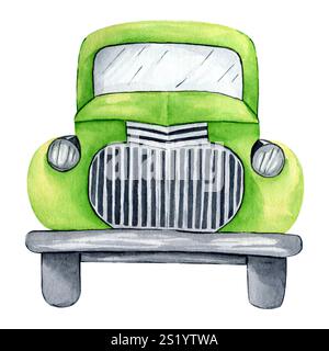 Camion vert aquarelle isolé sur fond blanc. Vieille voiture américaine. Camion de récolte peint à la main. Pick-up de style rétro. Rustique auto Banque D'Images