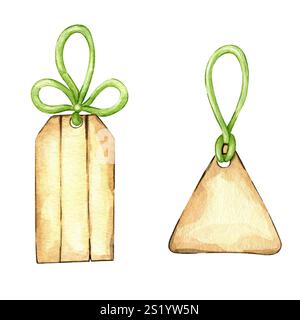Étiquettes peintes à la main à l'aquarelle avec des rubans isolés sur fond blanc. Ruban vert clair et étiquette marron. Ensemble clipart aquarelle pour cadeau de vacances Banque D'Images