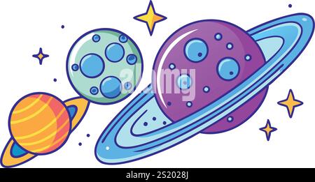 Planètes et étoiles dans un art vectoriel vibrant représentant le système solaire avec des éléments cosmiques colorés et des corps célestes incandescents Illustration de Vecteur