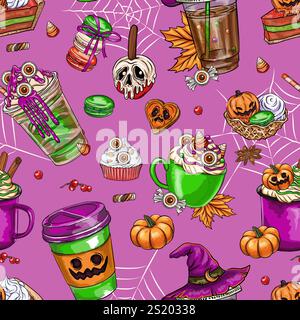 Modèle sans couture d'automne avec tarte à la citrouille, nourriture, feuilles, collection de café de tasses mignonnes d'Halloween. Sublimation T-shirt Design Illustration de Vecteur