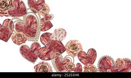 Cadre de cœurs de cristal. Cristaux transparents rose-brun vif, roses en couleur mousse moka. Modèle horizontal d'illustration d'aquarelle pour mariage, Banque D'Images