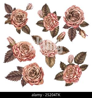 Ensemble de bouquets de roses rose-brun dans la couleur à la mode de la mousse moka. Modèle d'aquarelle botanique pour mariage, Saint-Valentin, fête des mères, ph Banque D'Images